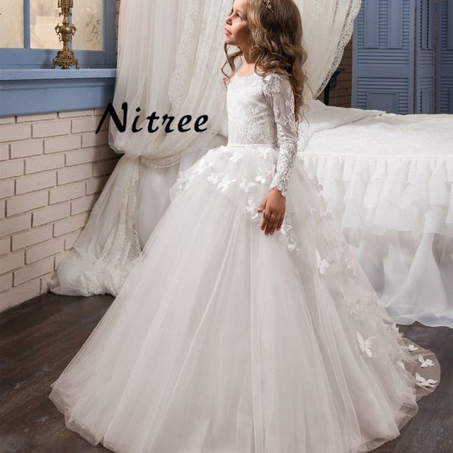 Amazon.com: ADNEVT Long Sleeve Flower Girl Dresses for Wedding Lace  Appliques Tulle Pageant Ball Gown Princess Girls Communion Dress Champagne:  Clothing, Shoes & Jewelry